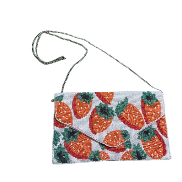 JessaKae Handbags - e Strawberry Beaded Envelope Satin Clutch Purse Detachable Strap NIP